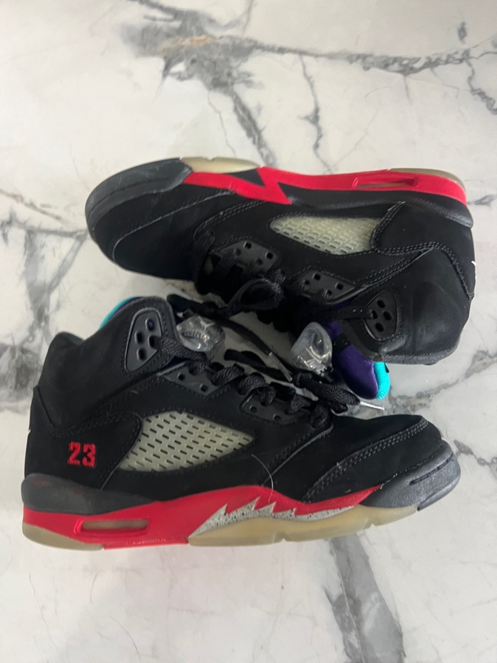 Nike Air Jordan 5, Size 4 GS Kids, Retro Top 3 Sneakers with Purple and Teal